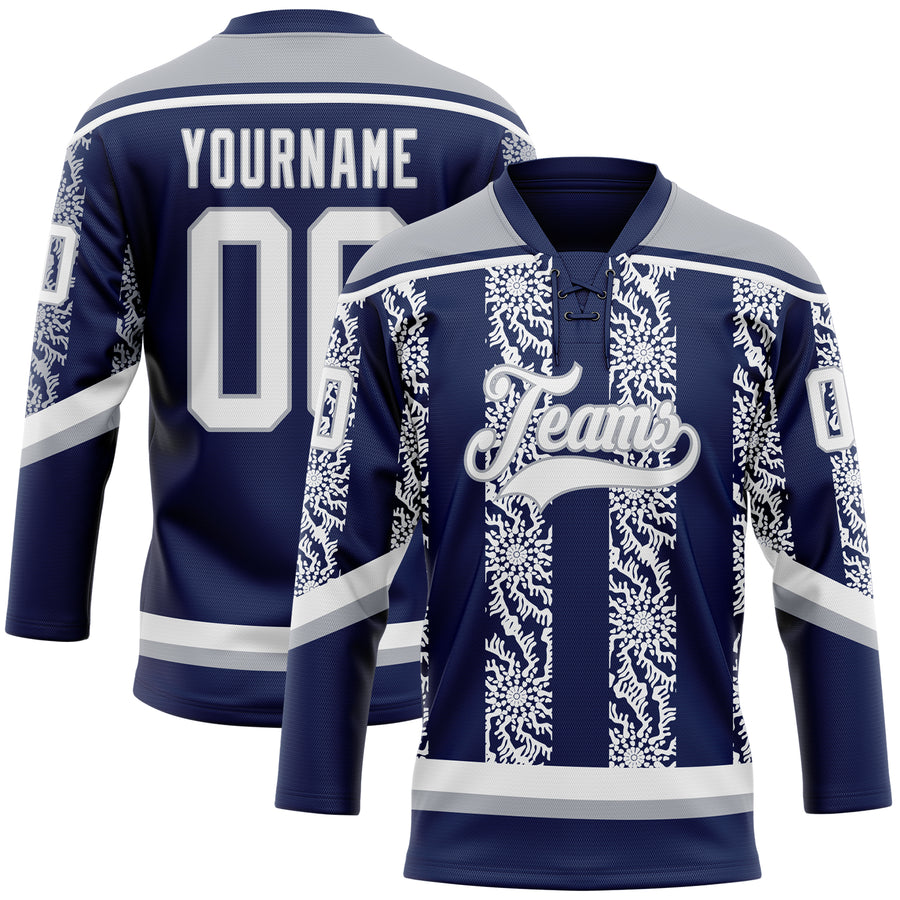 Custom Navy White-Gray 3D Pattern Abstract Shape Hockey Lace Neck Jersey