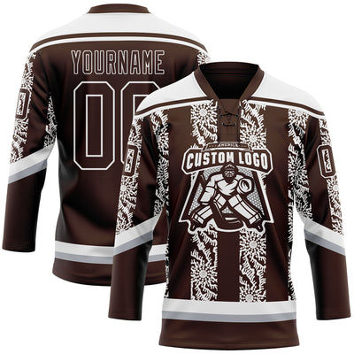 Custom Brown Gray-White 3D Pattern Abstract Shape Hockey Lace Neck Jersey