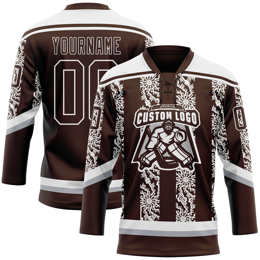 Custom Brown Gray-White 3D Pattern Abstract Shape Hockey Lace Neck Jersey