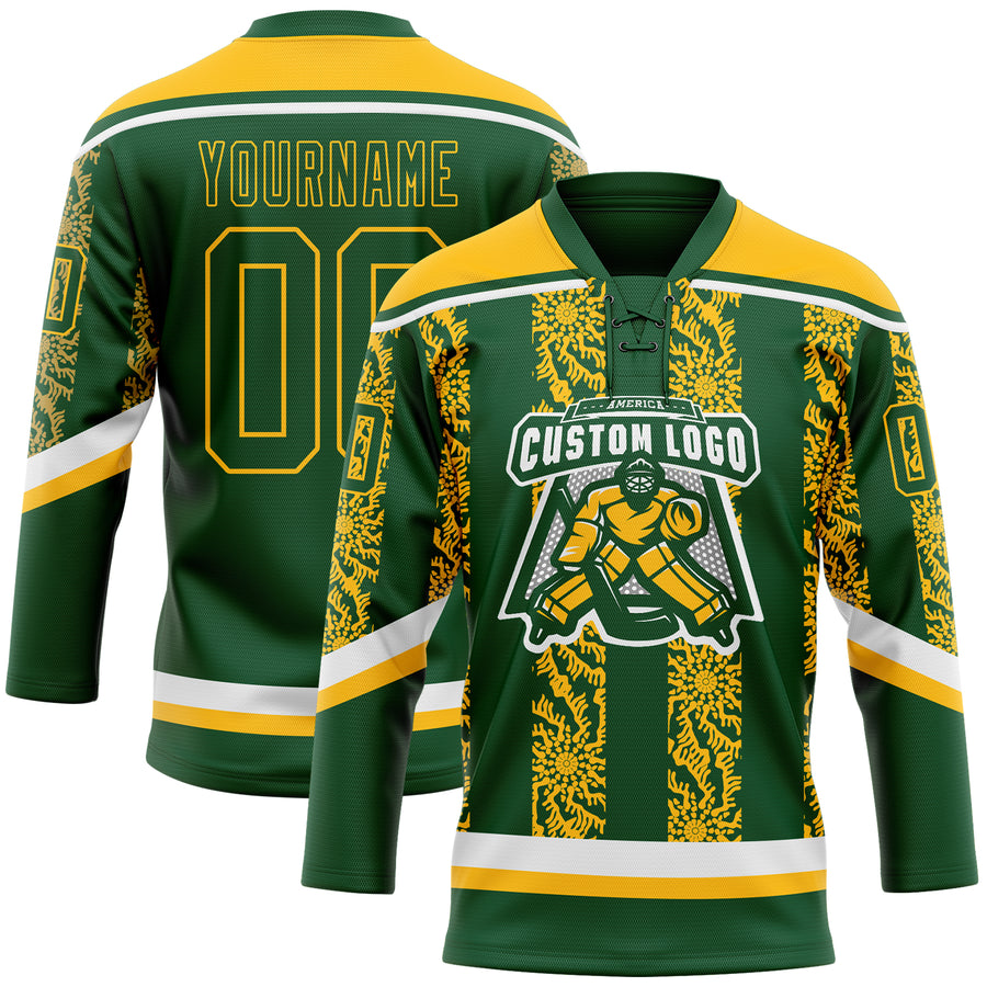 Custom Green Gold-White 3D Pattern Abstract Shape Hockey Lace Neck Jersey