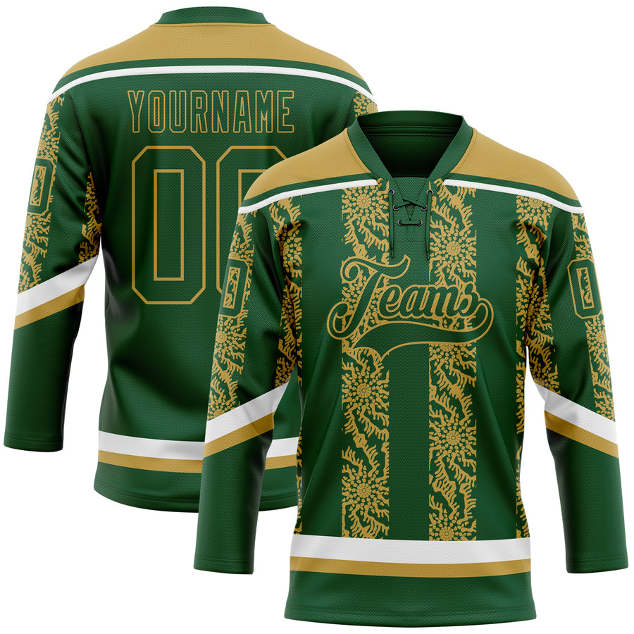 Custom Green Old Gold-White 3D Pattern Abstract Shape Hockey Lace Neck Jersey