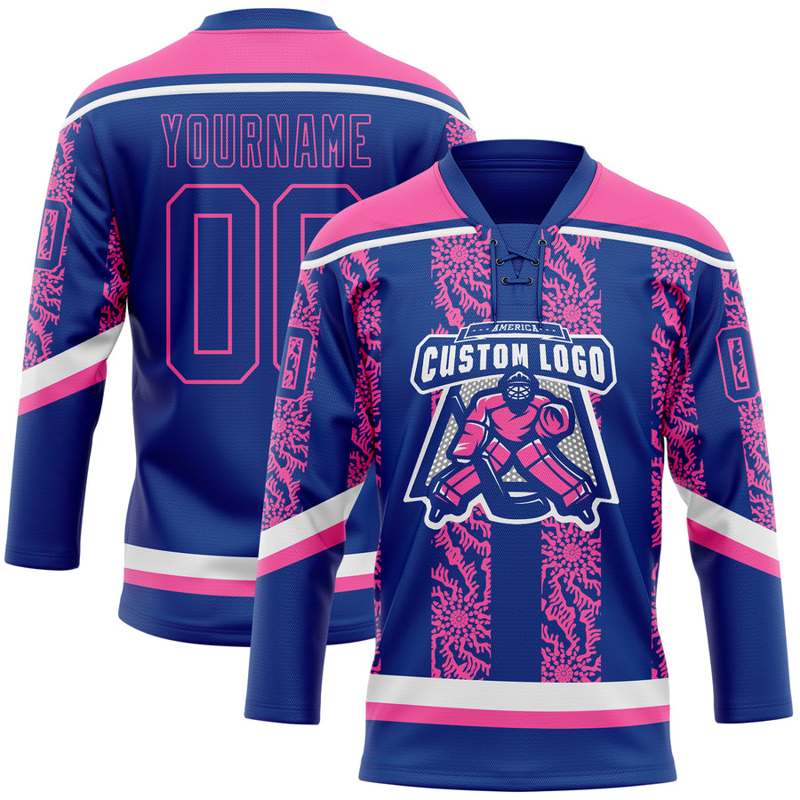 Custom Royal Pink-White 3D Pattern Abstract Shape Hockey Lace Neck Jersey