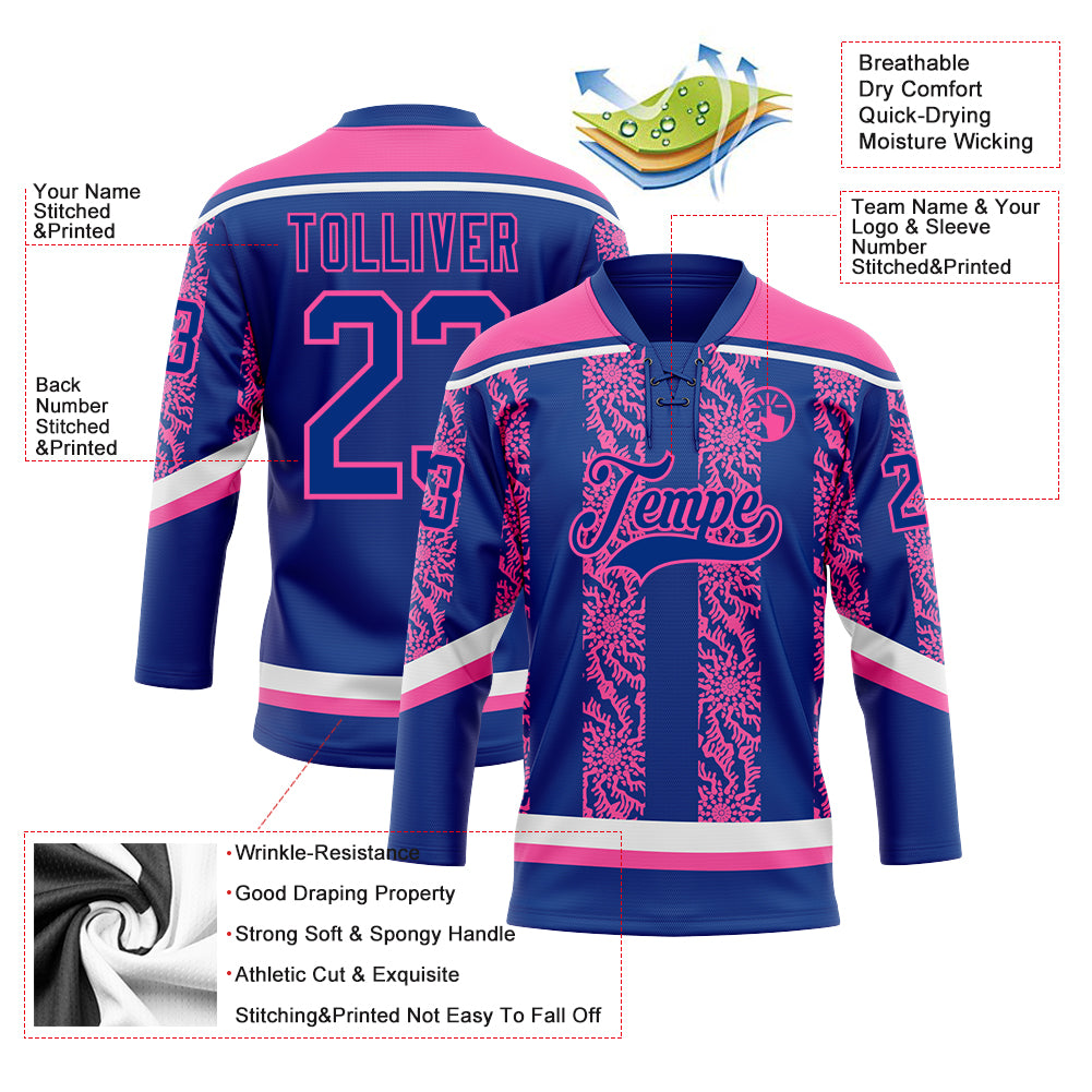 Custom Royal Pink-White 3D Pattern Abstract Shape Hockey Lace Neck Jersey