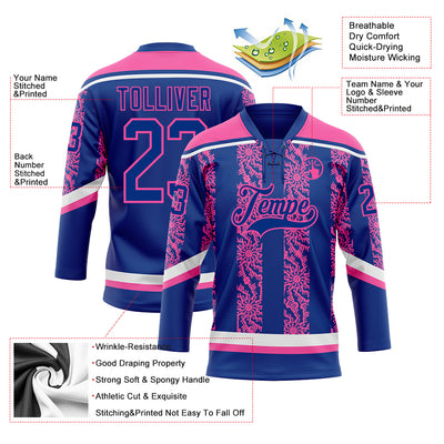 Custom Royal Pink-White 3D Pattern Abstract Shape Hockey Lace Neck Jersey