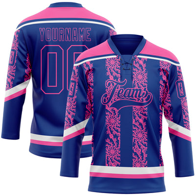 Custom Royal Pink-White 3D Pattern Abstract Shape Hockey Lace Neck Jersey
