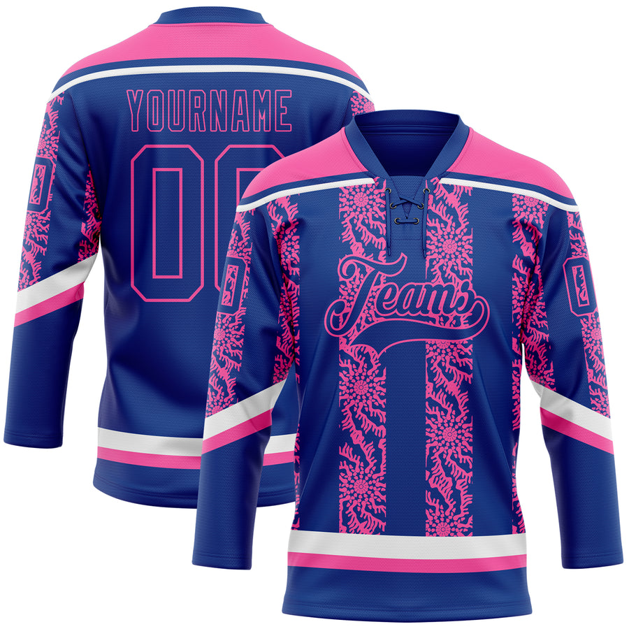 Custom Royal Pink-White 3D Pattern Abstract Shape Hockey Lace Neck Jersey