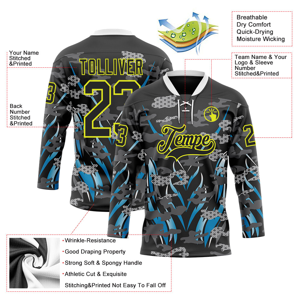 Custom Black Neon Yellow Blue-White 3D Pattern Abstract Camo Hockey Lace Neck Jersey