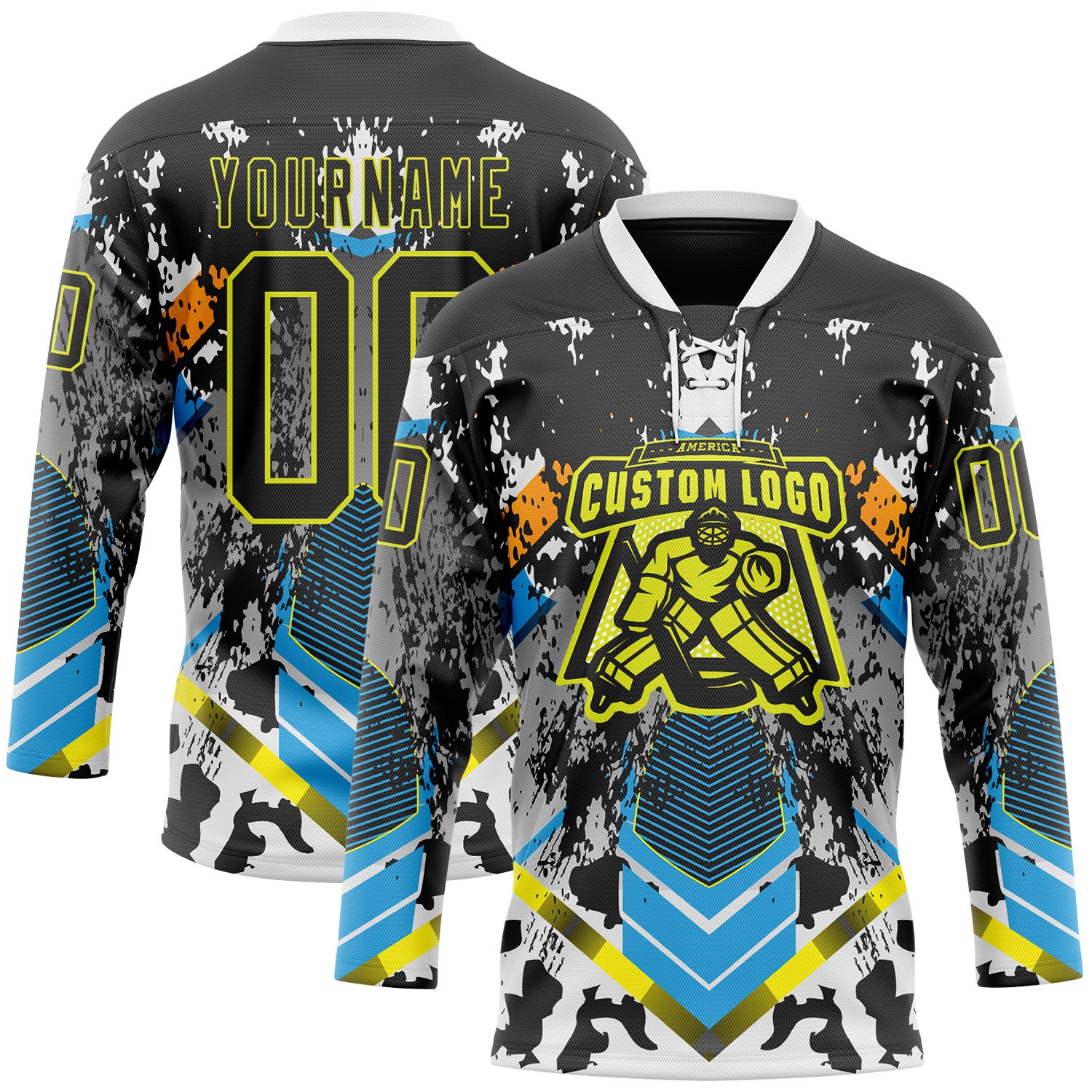 Custom Black Neon Yellow Blue-White 3D Pattern Abstract Splash Hockey Lace Neck Jersey