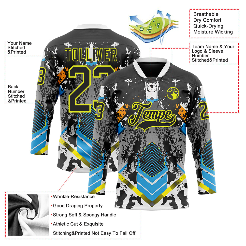 Custom Black Neon Yellow Blue-White 3D Pattern Abstract Splash Hockey Lace Neck Jersey