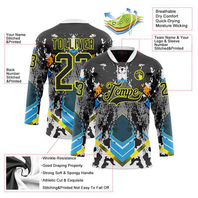 Custom Black Neon Yellow Blue-White 3D Pattern Abstract Splash Hockey Lace Neck Jersey