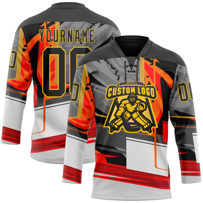 Custom Black Red-Yellow 3D Pattern Abstract Hockey Lace Neck Jersey
