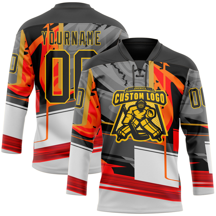 Custom Black Red-Yellow 3D Pattern Abstract Hockey Lace Neck Jersey