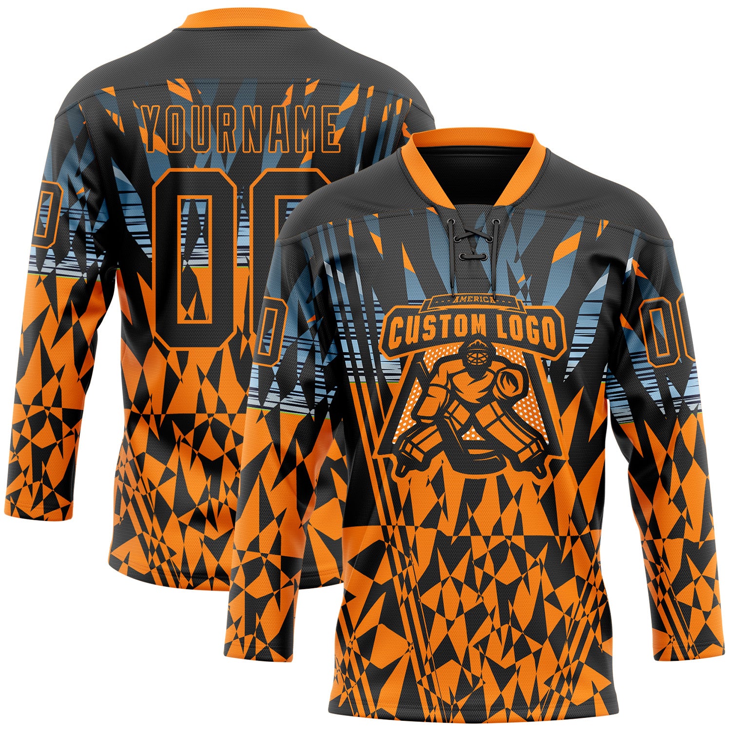 Custom Black Bay Orange-Blue 3D Pattern Abstract Hockey Lace Neck Jersey