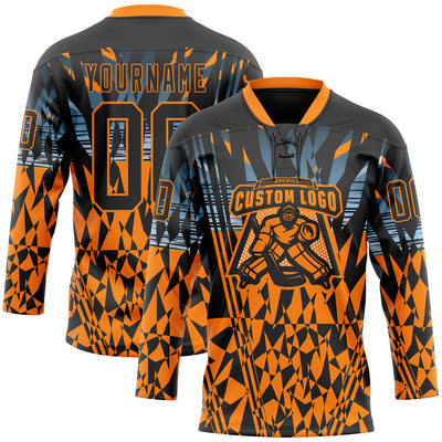 Custom Black Bay Orange-Blue 3D Pattern Abstract Hockey Lace Neck Jersey