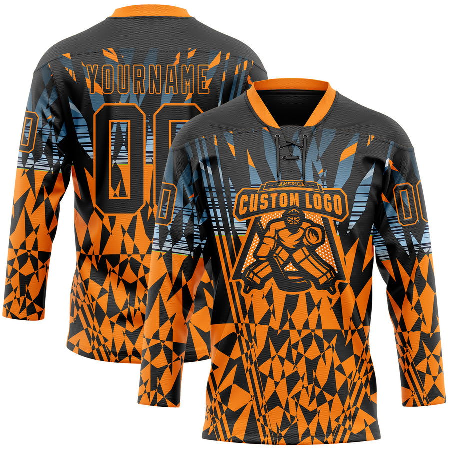 Custom Black Bay Orange-Blue 3D Pattern Abstract Hockey Lace Neck Jersey