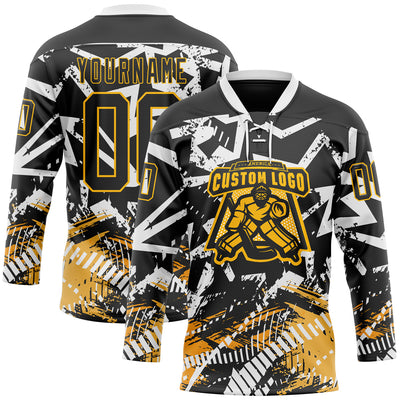 Custom Black Gold-White 3D Pattern Abstract Hockey Lace Neck Jersey