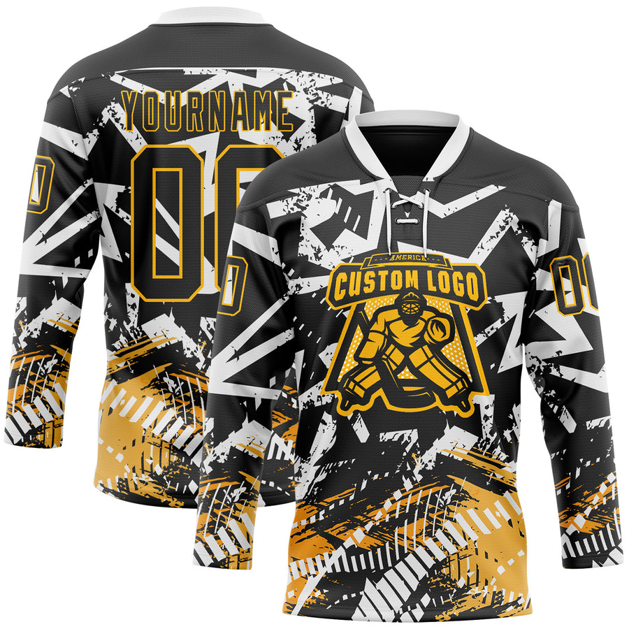 Custom Black Gold-White 3D Pattern Abstract Hockey Lace Neck Jersey
