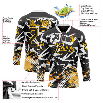 Custom Black Gold-White 3D Pattern Abstract Hockey Lace Neck Jersey