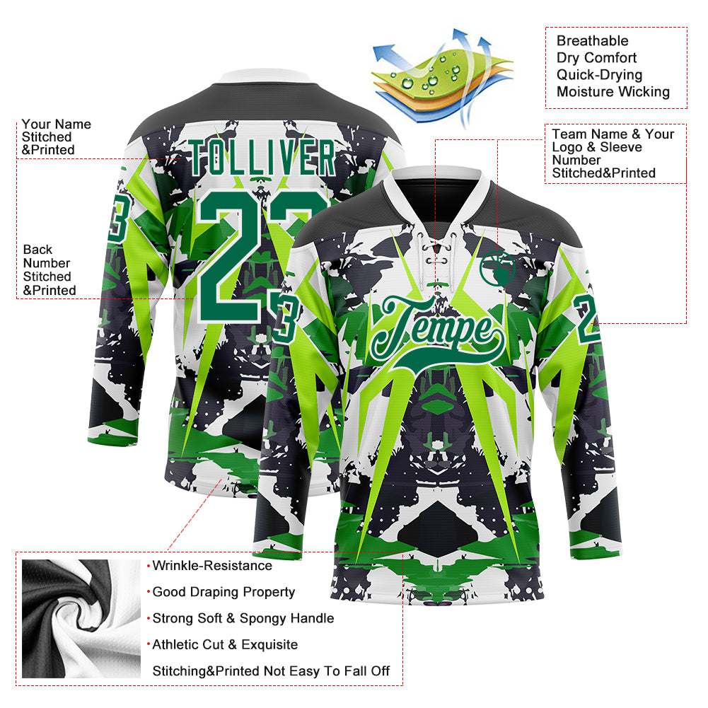 Custom Black Kelly Green White-Green 3D Pattern Abstract Grunge Hockey Lace Neck Jersey