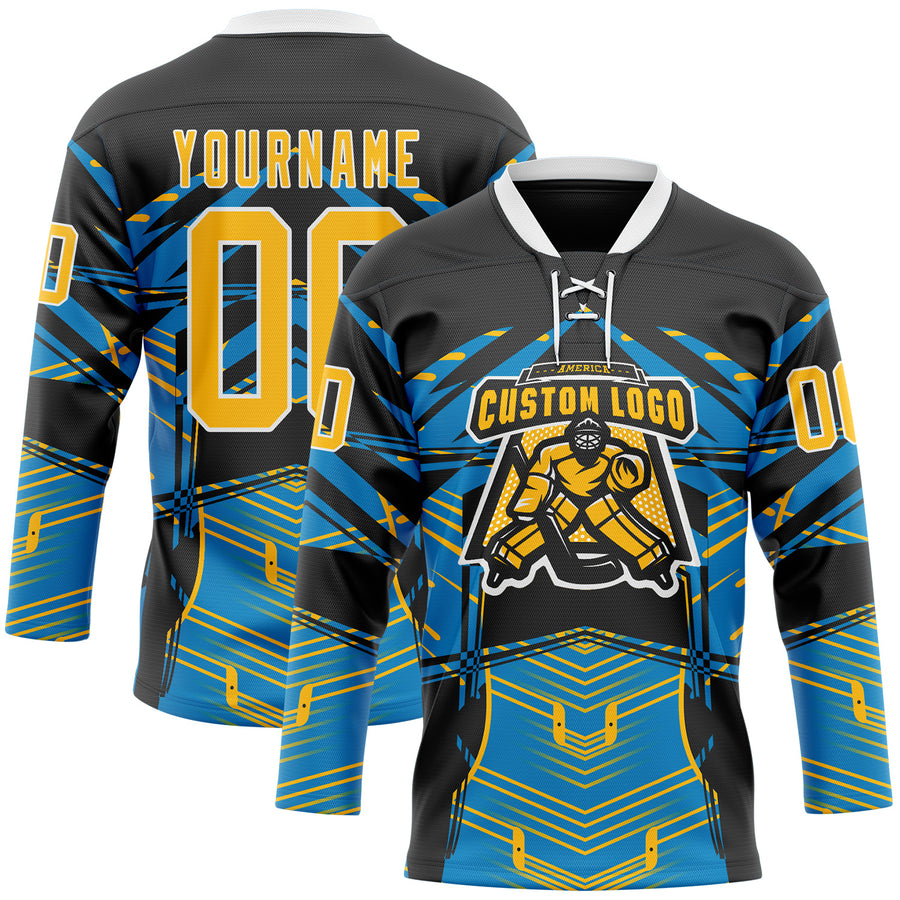 Custom Black Gold Blue-White 3D Pattern Abstract Hockey Lace Neck Jersey