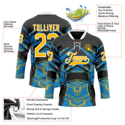 Custom Black Gold Blue-White 3D Pattern Abstract Hockey Lace Neck Jersey