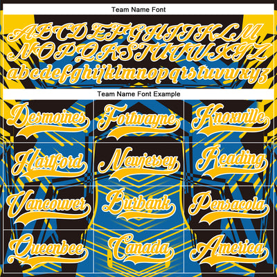 Custom Black Gold Blue-White 3D Pattern Abstract Hockey Lace Neck Jersey