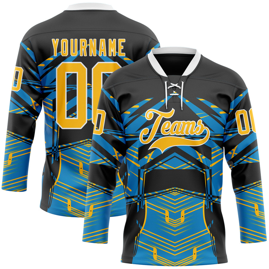 Custom Black Gold Blue-White 3D Pattern Abstract Hockey Lace Neck Jersey