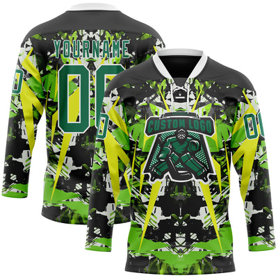 Custom Black Kelly Green White-Green 3D Pattern Abstract Grunge Hockey Lace Neck Jersey