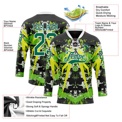 Custom Black Kelly Green White-Green 3D Pattern Abstract Grunge Hockey Lace Neck Jersey