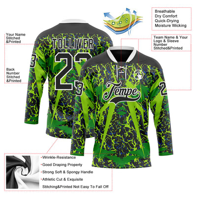 Custom Black Green White 3D Pattern Abstract Hockey Lace Neck Jersey