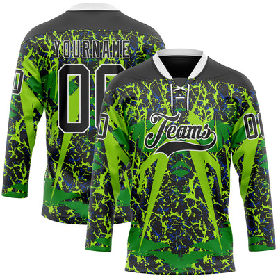 Custom Black Green White 3D Pattern Abstract Hockey Lace Neck Jersey