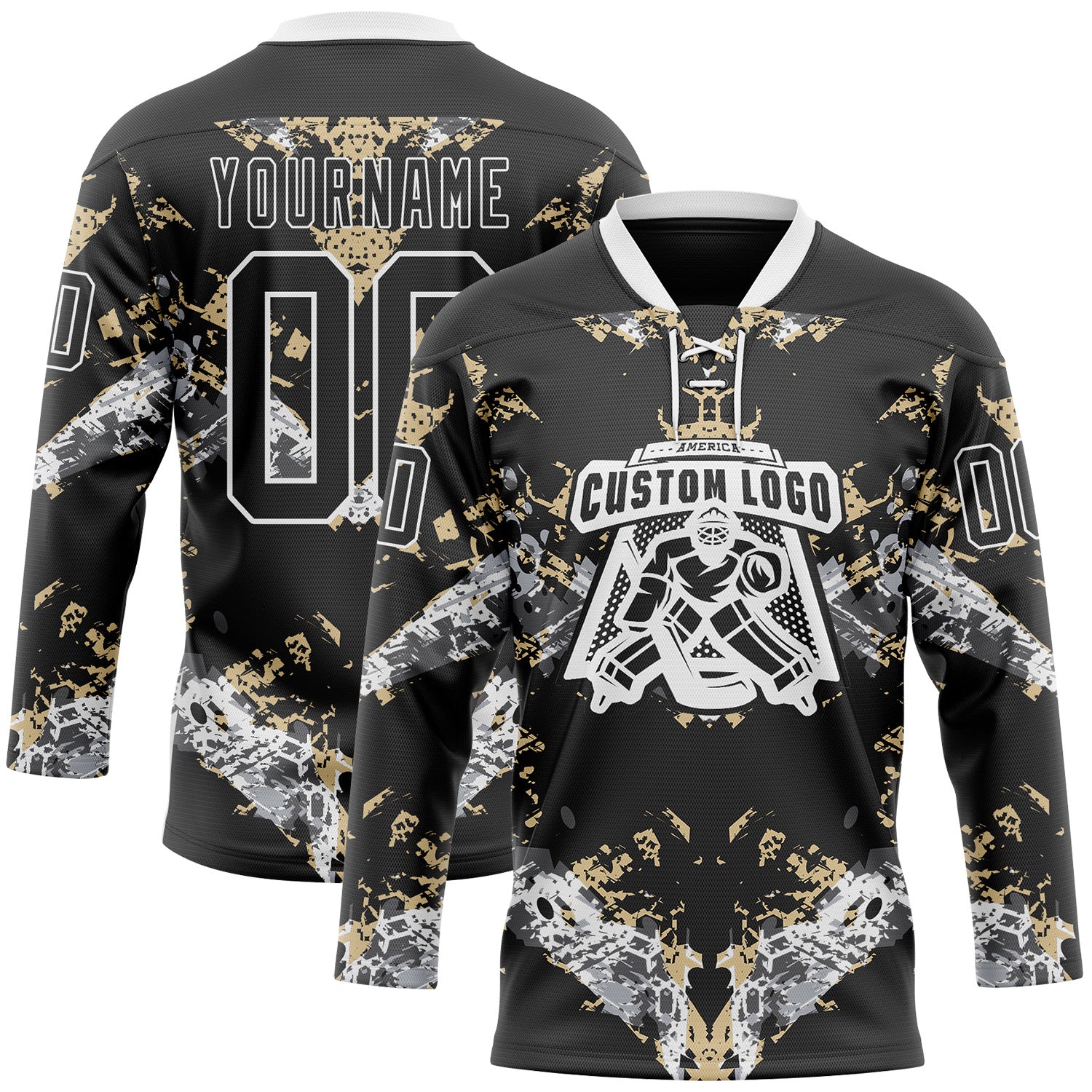 Custom Black Vegas Gold-White 3D Pattern Abstract Grunge Hockey Lace Neck Jersey