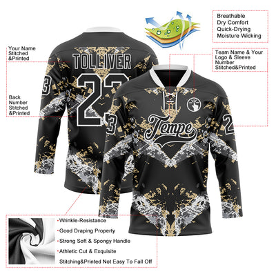 Custom Black Vegas Gold-White 3D Pattern Abstract Grunge Hockey Lace Neck Jersey