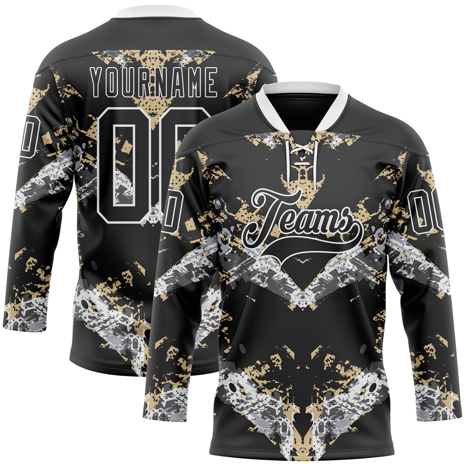 Custom Black Vegas Gold-White 3D Pattern Abstract Grunge Hockey Lace Neck Jersey