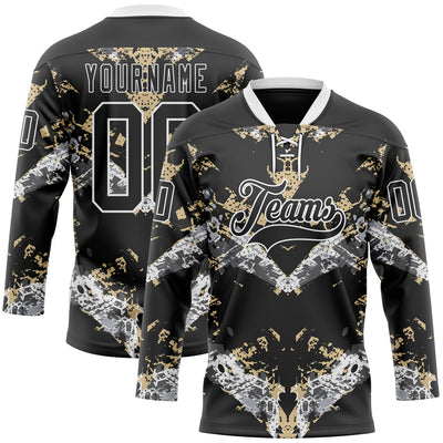 Custom Black Vegas Gold-White 3D Pattern Abstract Grunge Hockey Lace Neck Jersey