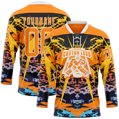 Custom Bay Orange Blue-White 3D Pattern Abstract Grunge Hockey Lace Neck Jersey