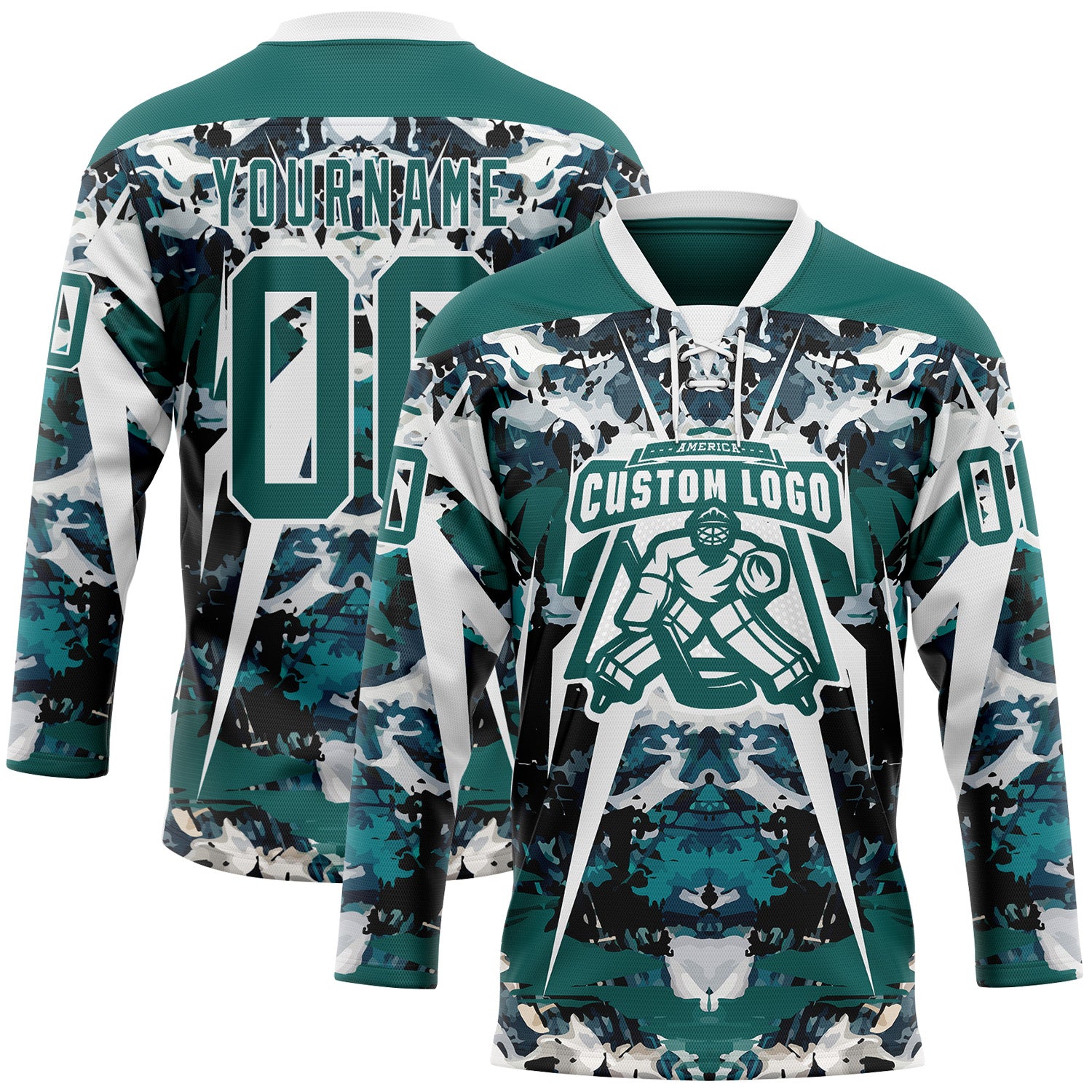 Custom Midnight Green Black-White 3D Pattern Abstract Grunge Hockey Lace Neck Jersey