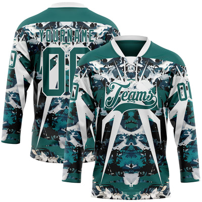 Custom Midnight Green Black-White 3D Pattern Abstract Grunge Hockey Lace Neck Jersey