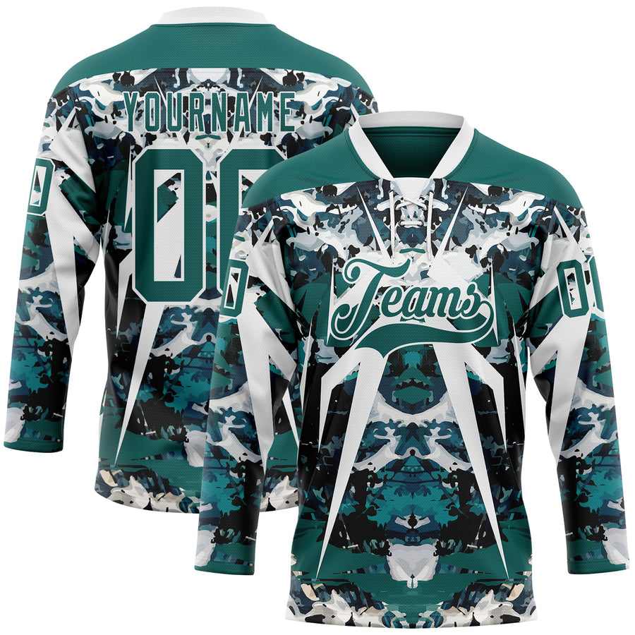 Custom Midnight Green Black-White 3D Pattern Abstract Grunge Hockey Lace Neck Jersey
