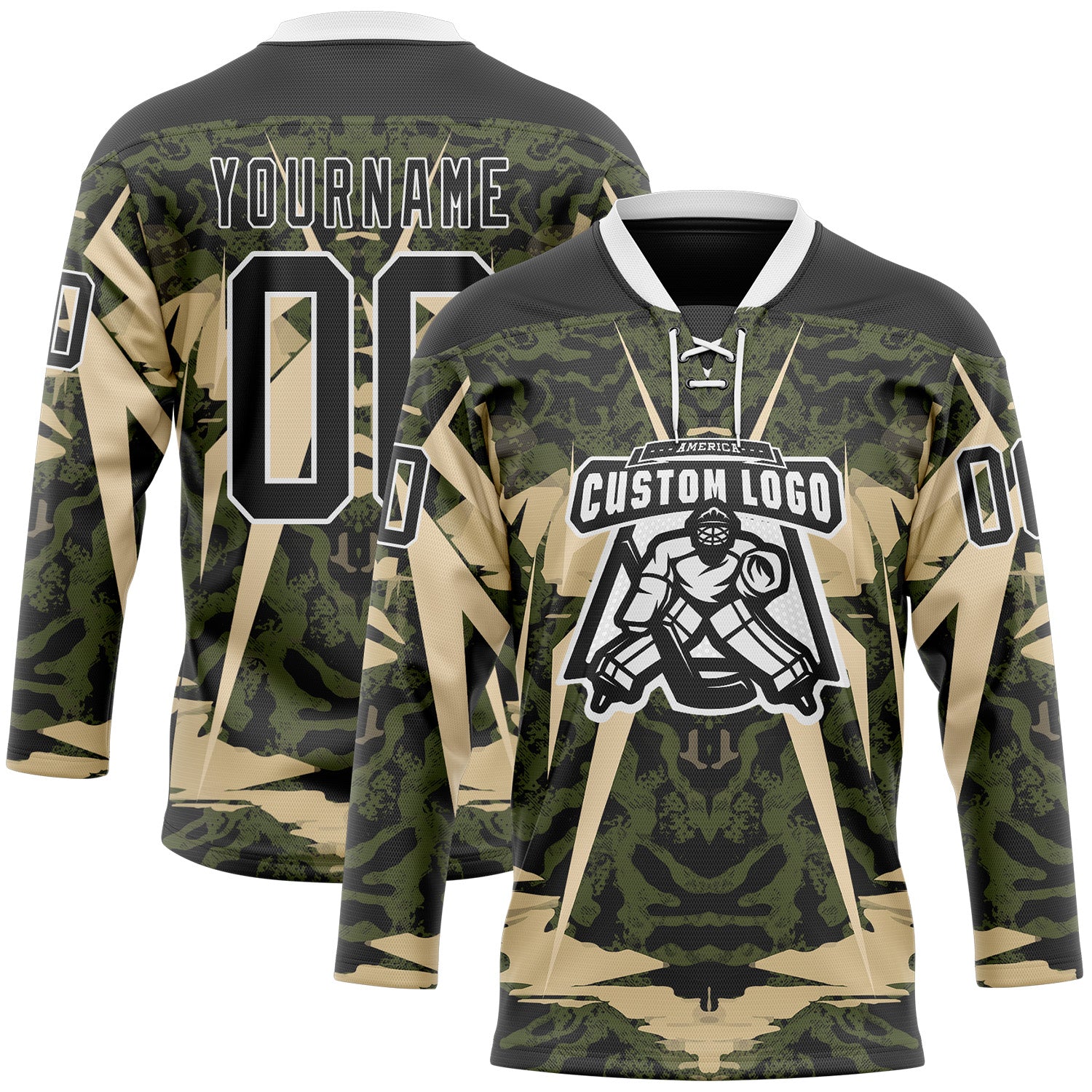 Custom Black Olive-White 3D Pattern Abstract Grunge Hockey Lace Neck Jersey