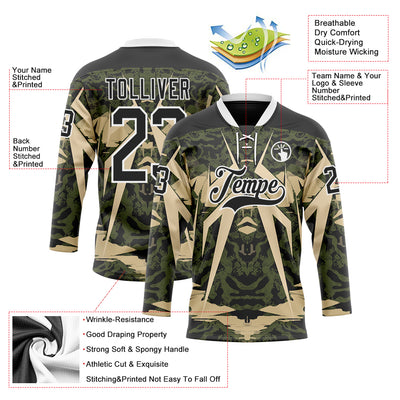 Custom Black Olive-White 3D Pattern Abstract Grunge Hockey Lace Neck Jersey