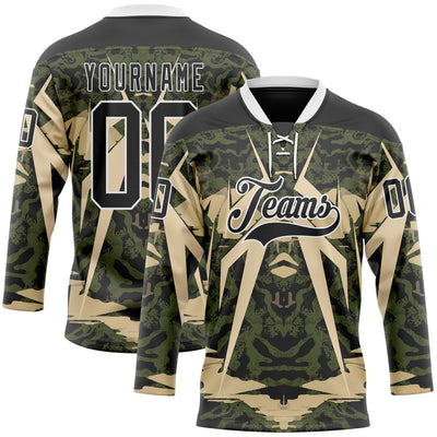 Custom Black Olive-White 3D Pattern Abstract Grunge Hockey Lace Neck Jersey
