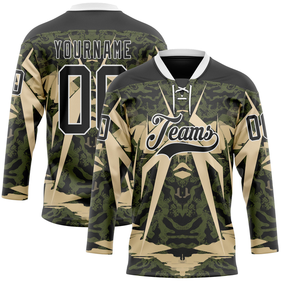 Custom Black Olive-White 3D Pattern Abstract Grunge Hockey Lace Neck Jersey
