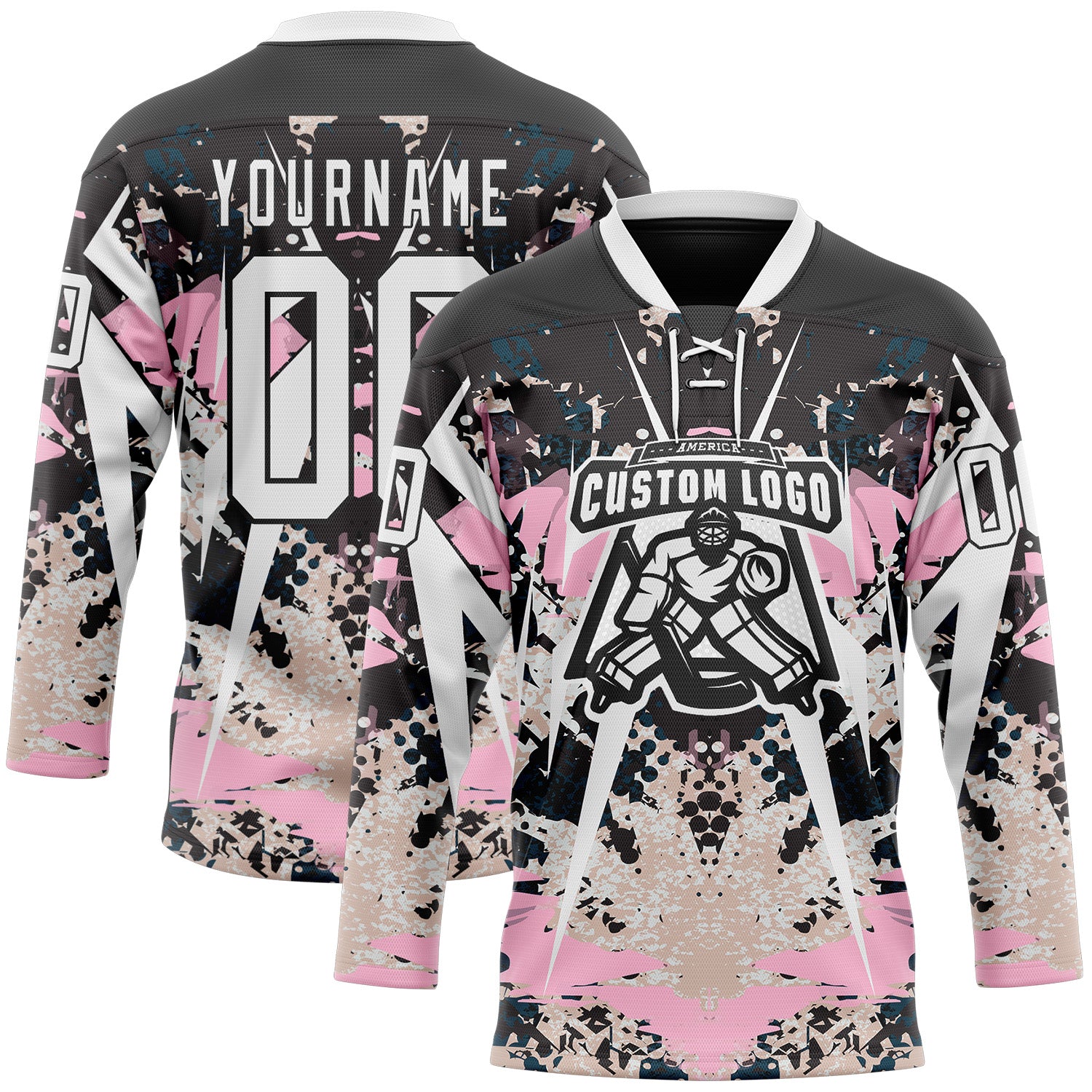 Custom Black White-Light Pink 3D Pattern Abstract Grunge Hockey Lace Neck Jersey
