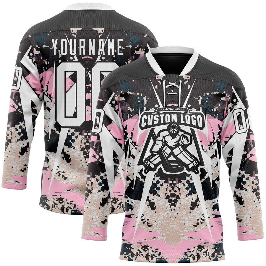 Custom Black White-Light Pink 3D Pattern Abstract Grunge Hockey Lace Neck Jersey