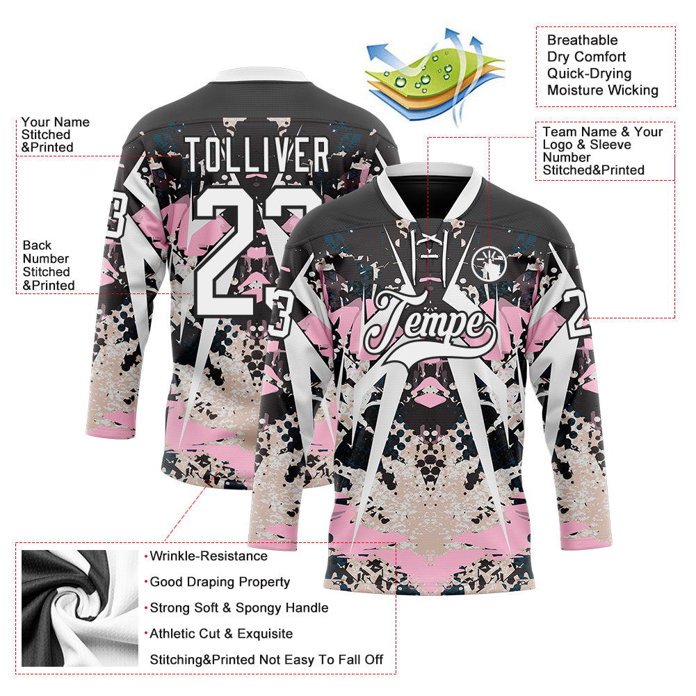 Custom Black White-Light Pink 3D Pattern Abstract Grunge Hockey Lace Neck Jersey