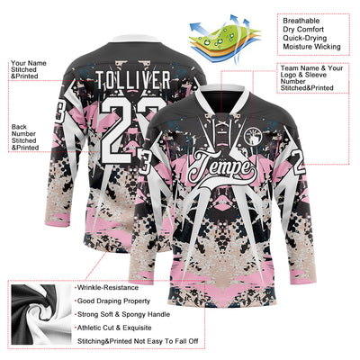 Custom Black White-Light Pink 3D Pattern Abstract Grunge Hockey Lace Neck Jersey