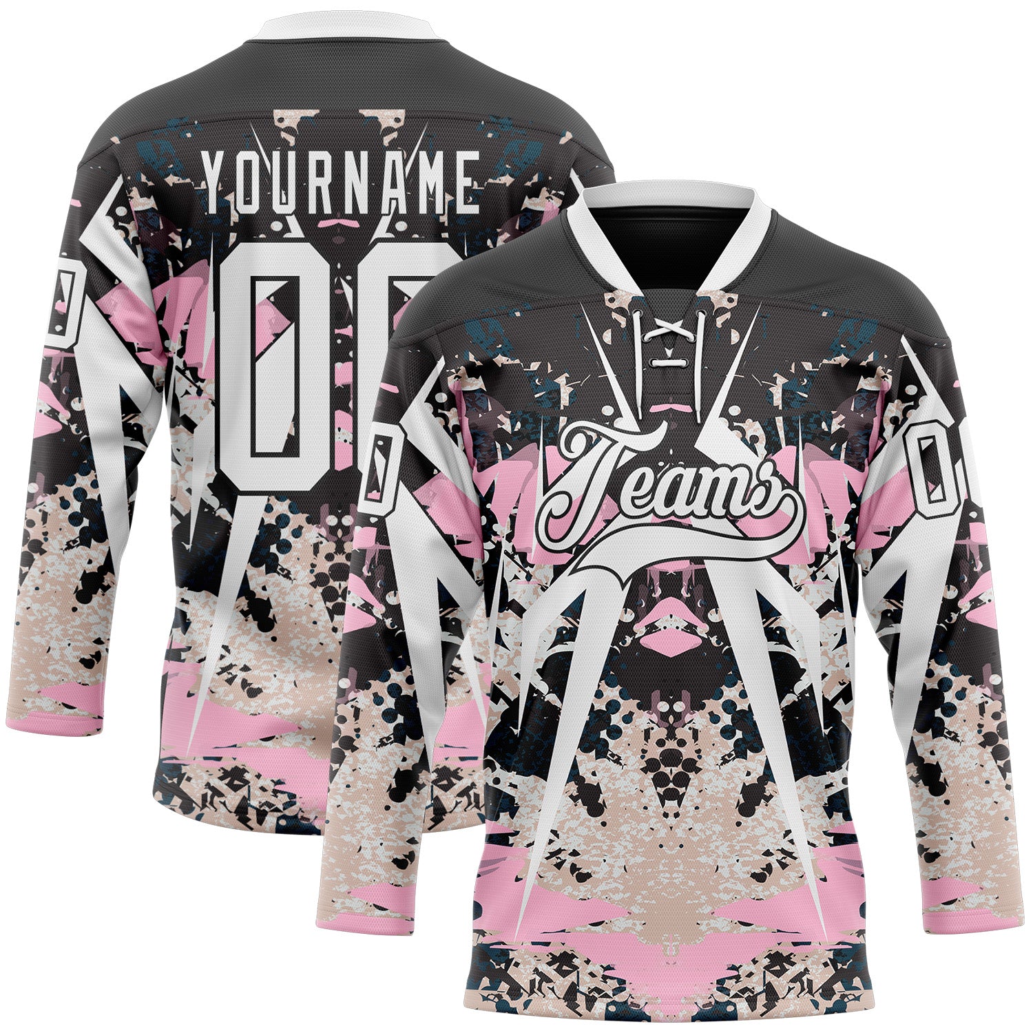 Custom Black White-Light Pink 3D Pattern Abstract Grunge Hockey Lace Neck Jersey