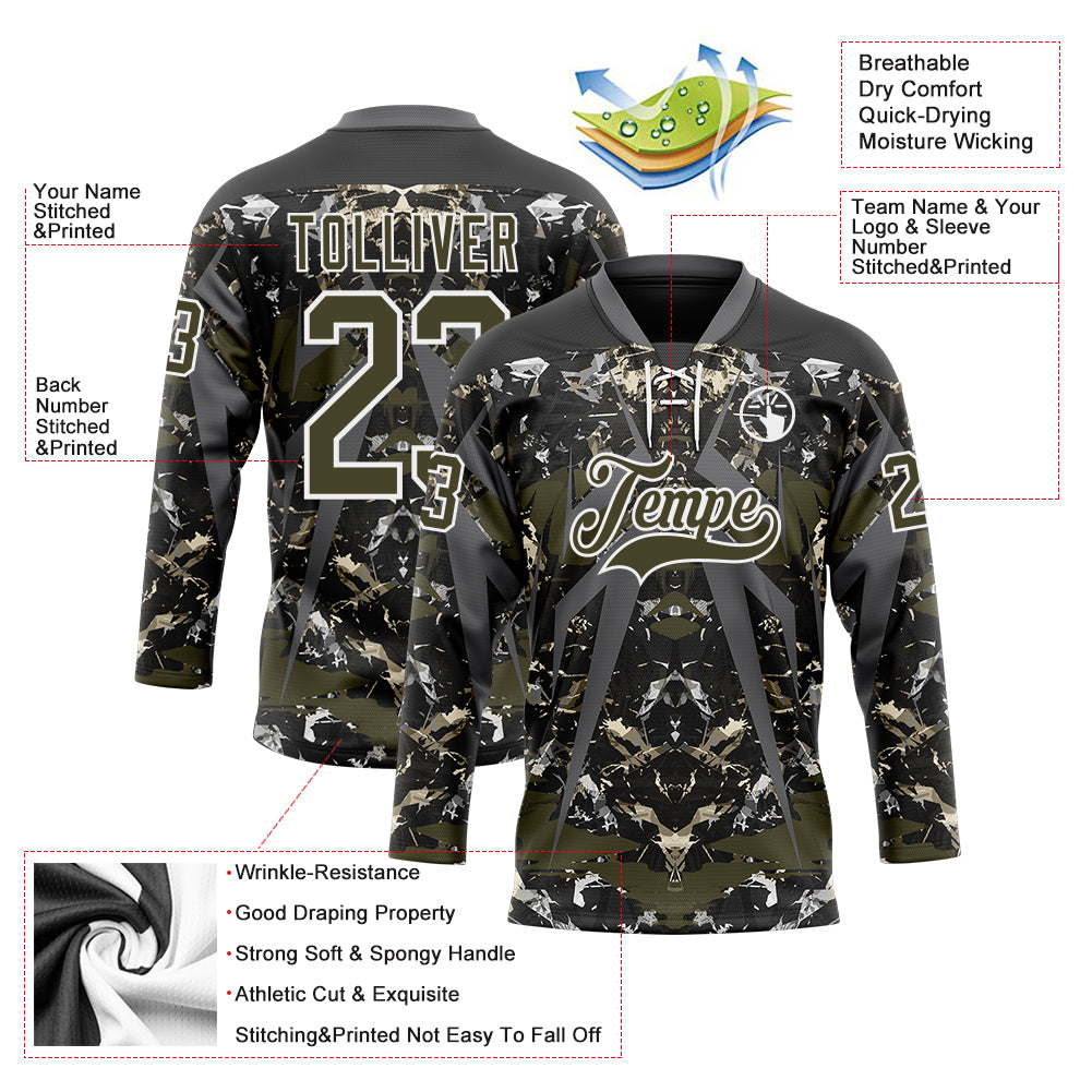 Custom Black Olive Steel Gray-White 3D Pattern Abstract Grunge Hockey Lace Neck Jersey