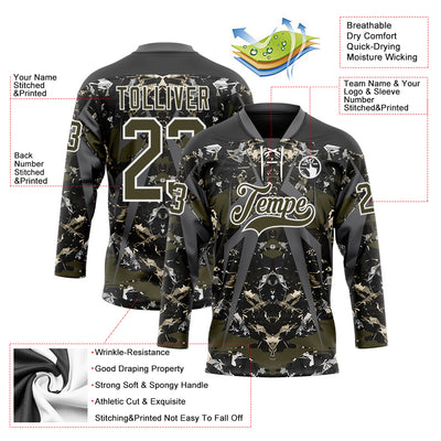 Custom Black Olive Steel Gray-White 3D Pattern Abstract Grunge Hockey Lace Neck Jersey